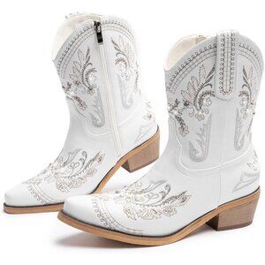 🆕Women White Cowgirl with Sparkly Embroidered Rhinestone Western Ankle Boot